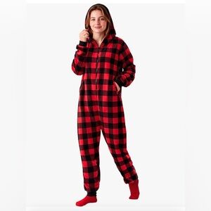 WOMEN’S FLEECE CHRISTMAS HOODED RED BUFFALO PLAID ONESIE XL
